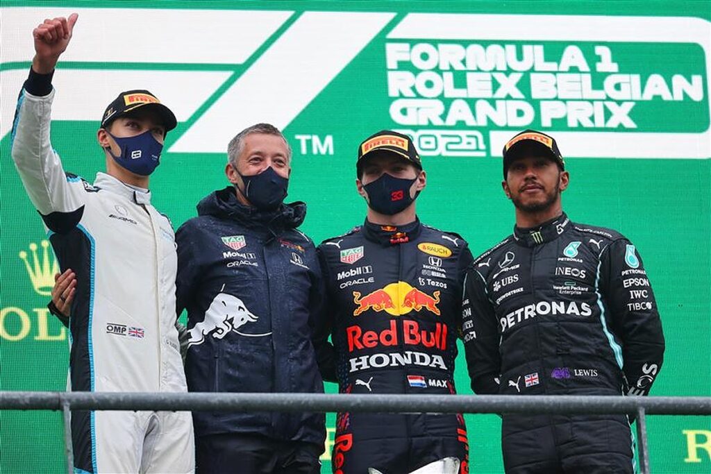 Russell, Hamilton and Verstappen on the 2021 Belgium GP podium.v1