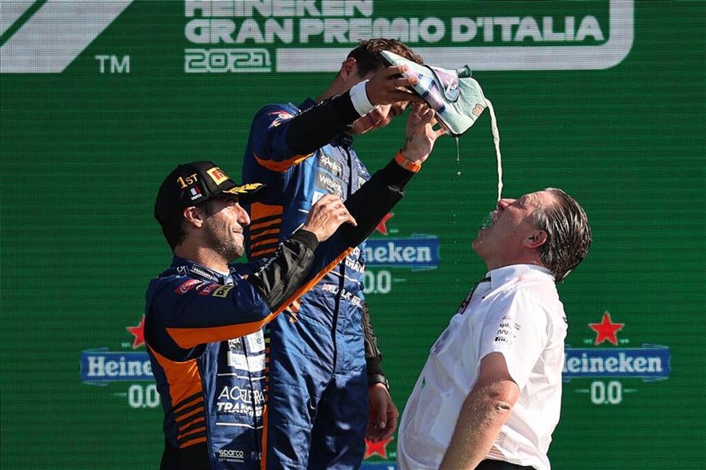 Daniel Ricciardo and Lando Norris celebrate their Monza podium.v1