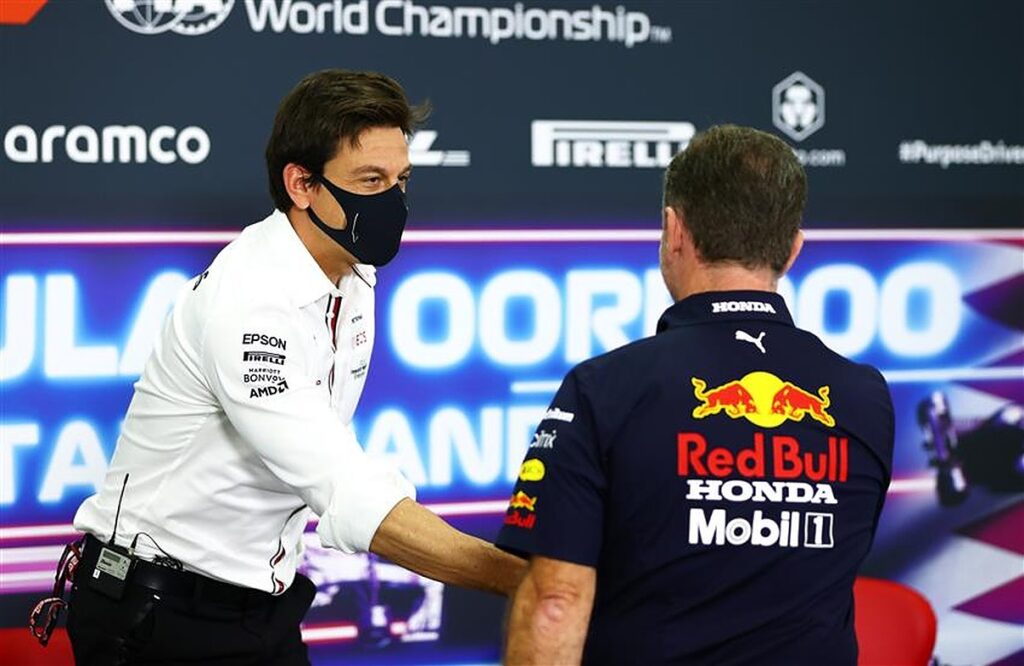 Toto Wolff and Christian Horner at the FIA press conference.v1