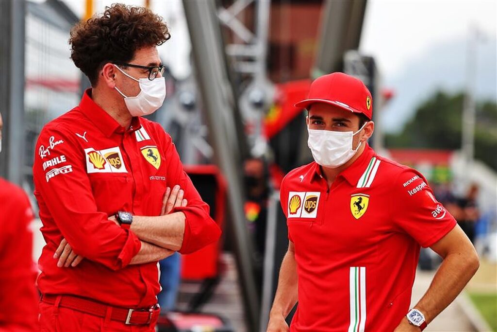 Ferrari boss Mattia Binotto and Charles Leclerc in the F1 paddock 2021.v1