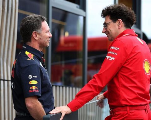 Ferrari boss Mattia Binotto and Christian Horner in 2019.v1