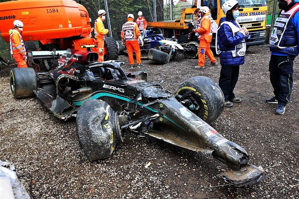 Valtteri Bottas' wrecked Mercedes after crashing with George Russell in Imola.v1