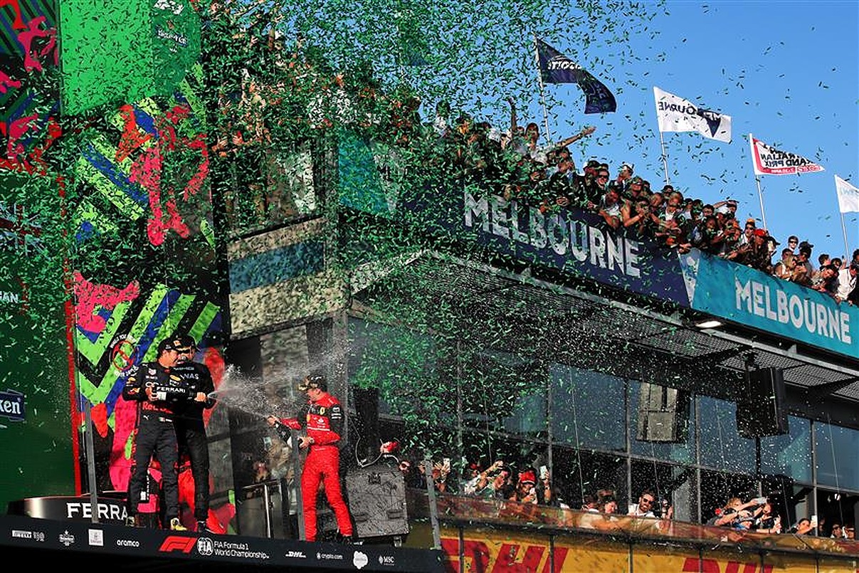 Charles Leclerc and George Russell on the podium at 2022 Australian GP.v1